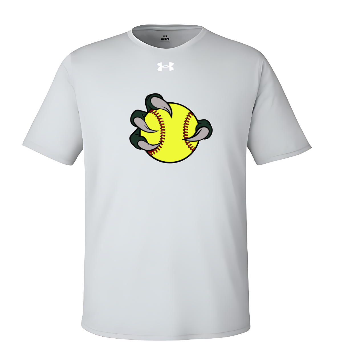 Grey t-shirt with a graphic of a yellow softball and claw on a white background