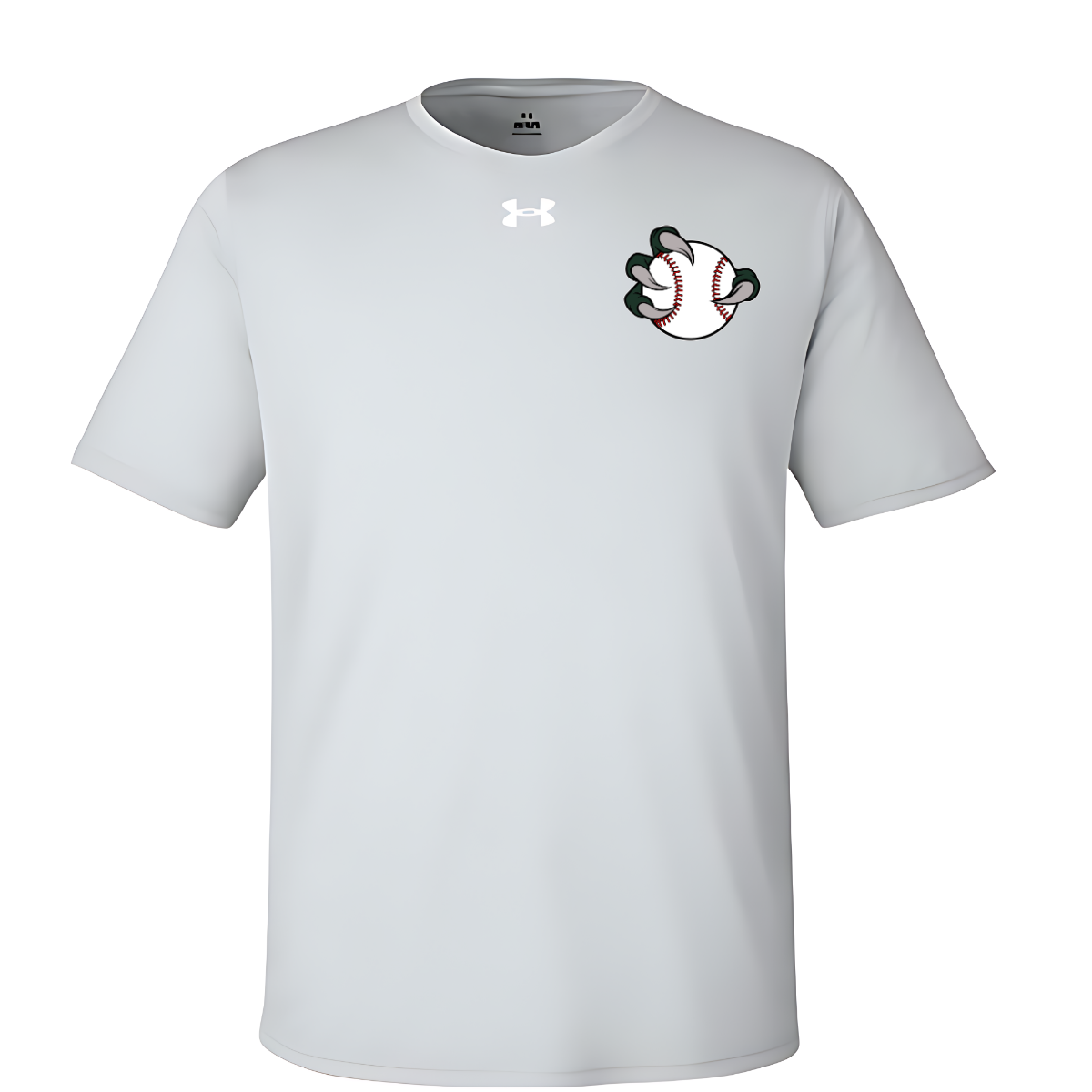 Grey t-shirt with a baseball and glove graphic on a white background
