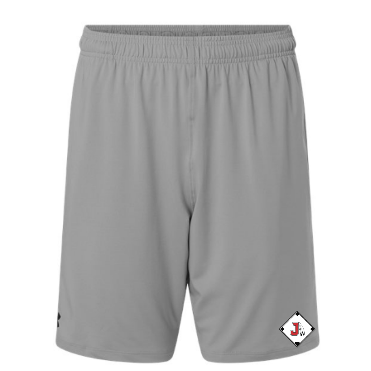 White background with grey shorts and under armour logo on the bottom of the right thing and a Jackson Indians Baseball logo at the bottom of the left thigh