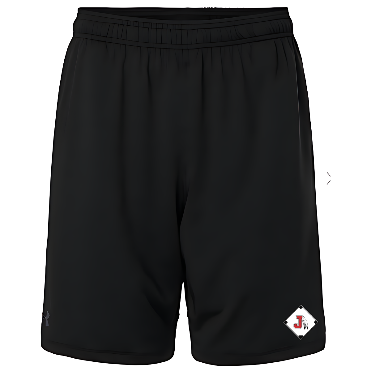 White background with black shorts and under armour logo on the bottom of the right thing and a Jackson Indians Baseball logo at the bottom of the left thigh