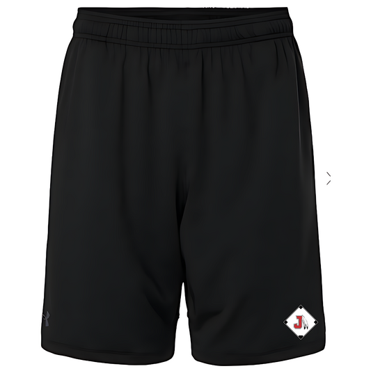 White background with black shorts and under armour logo on the bottom of the right thing and a Jackson Indians Baseball logo at the bottom of the left thigh