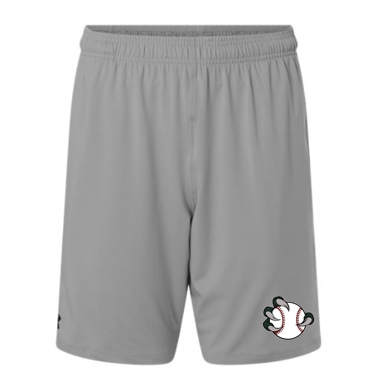 Gray shorts with a baseball logo on a white background