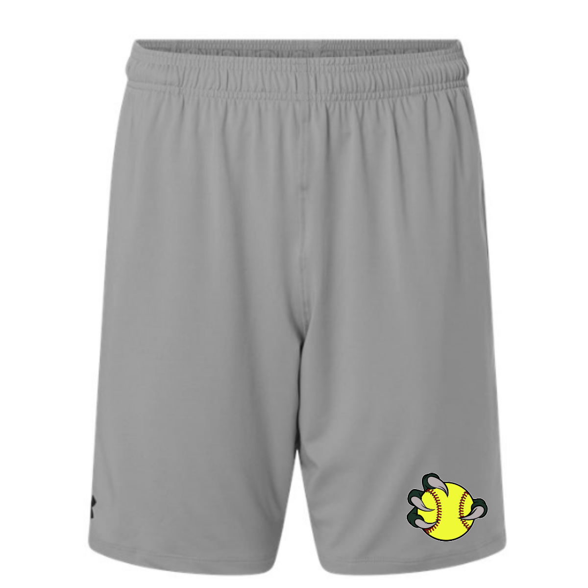 Gray shorts with a yellow and black logo on a white background