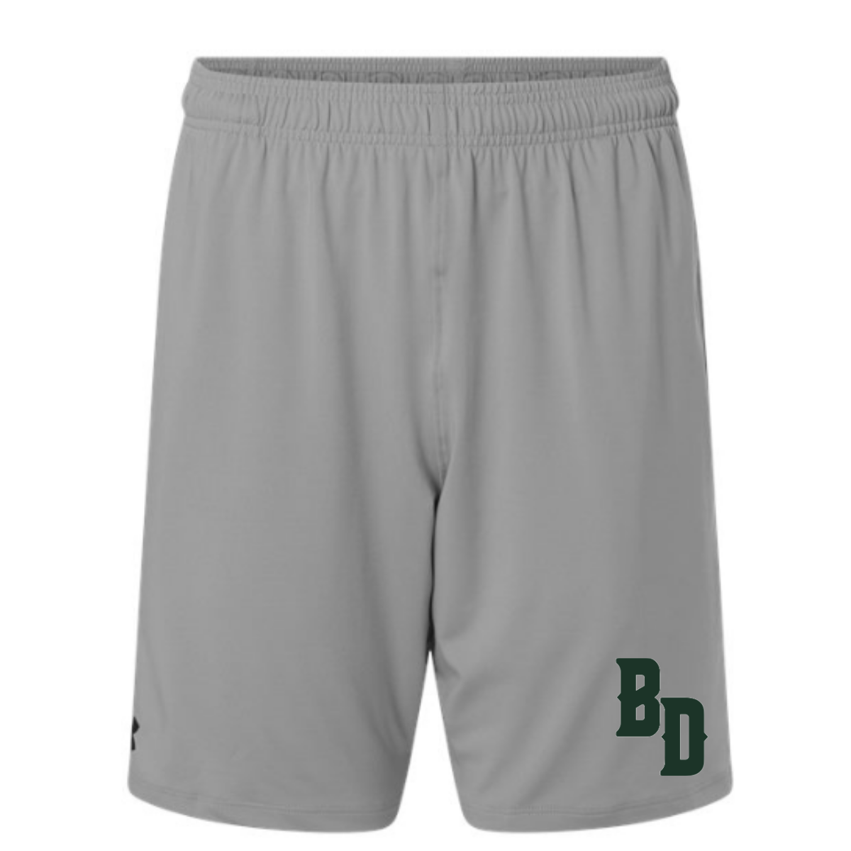 Gray shorts with a logo on a white background