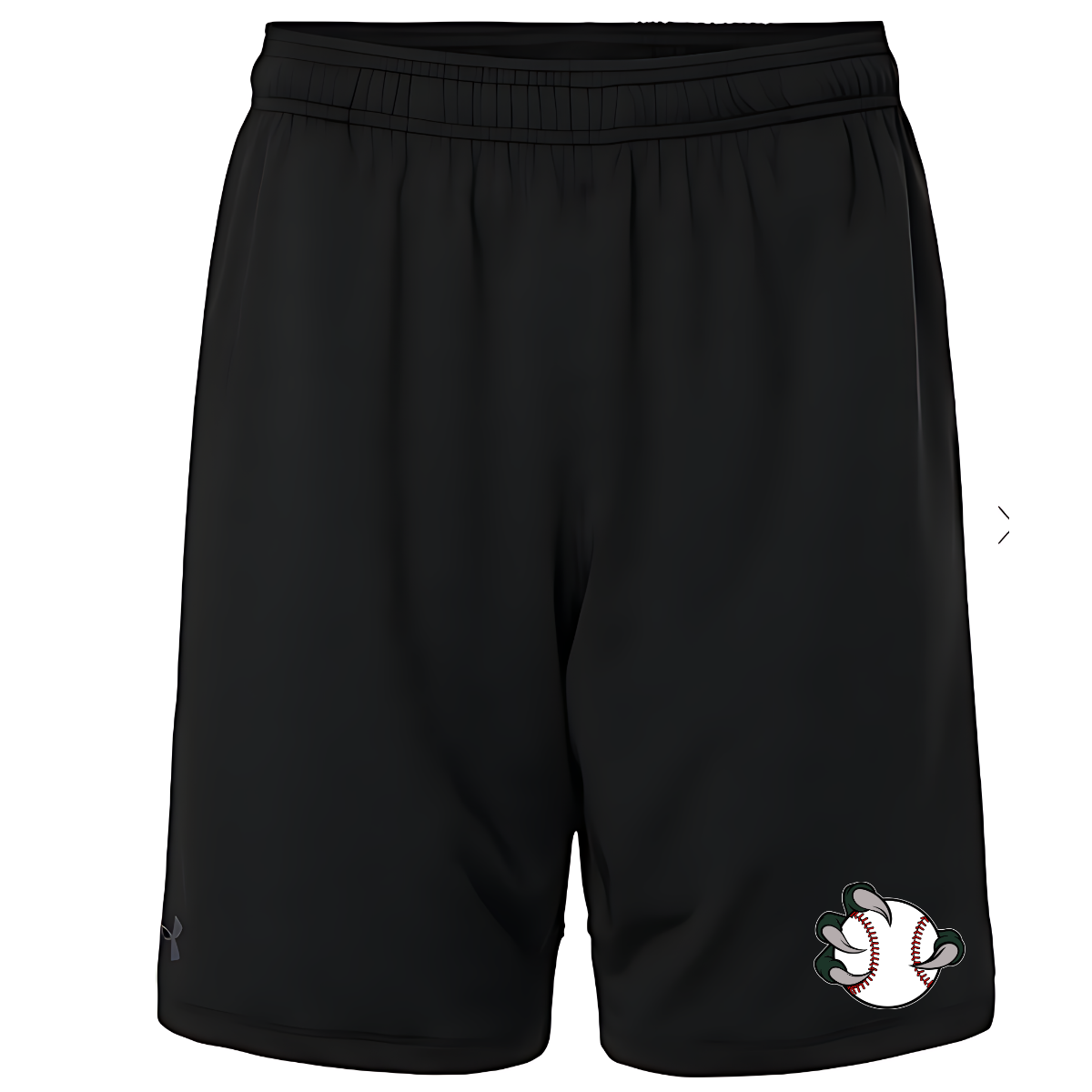 Black shorts with a baseball graphic on a white background