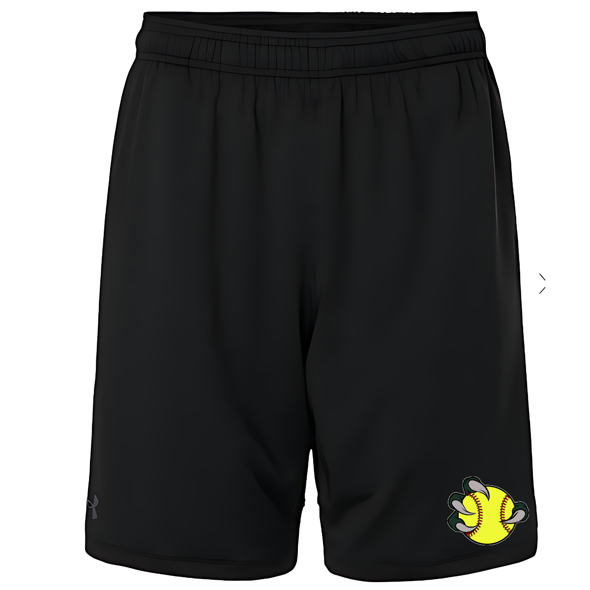 Black shorts with a yellow and blue logo on a white background