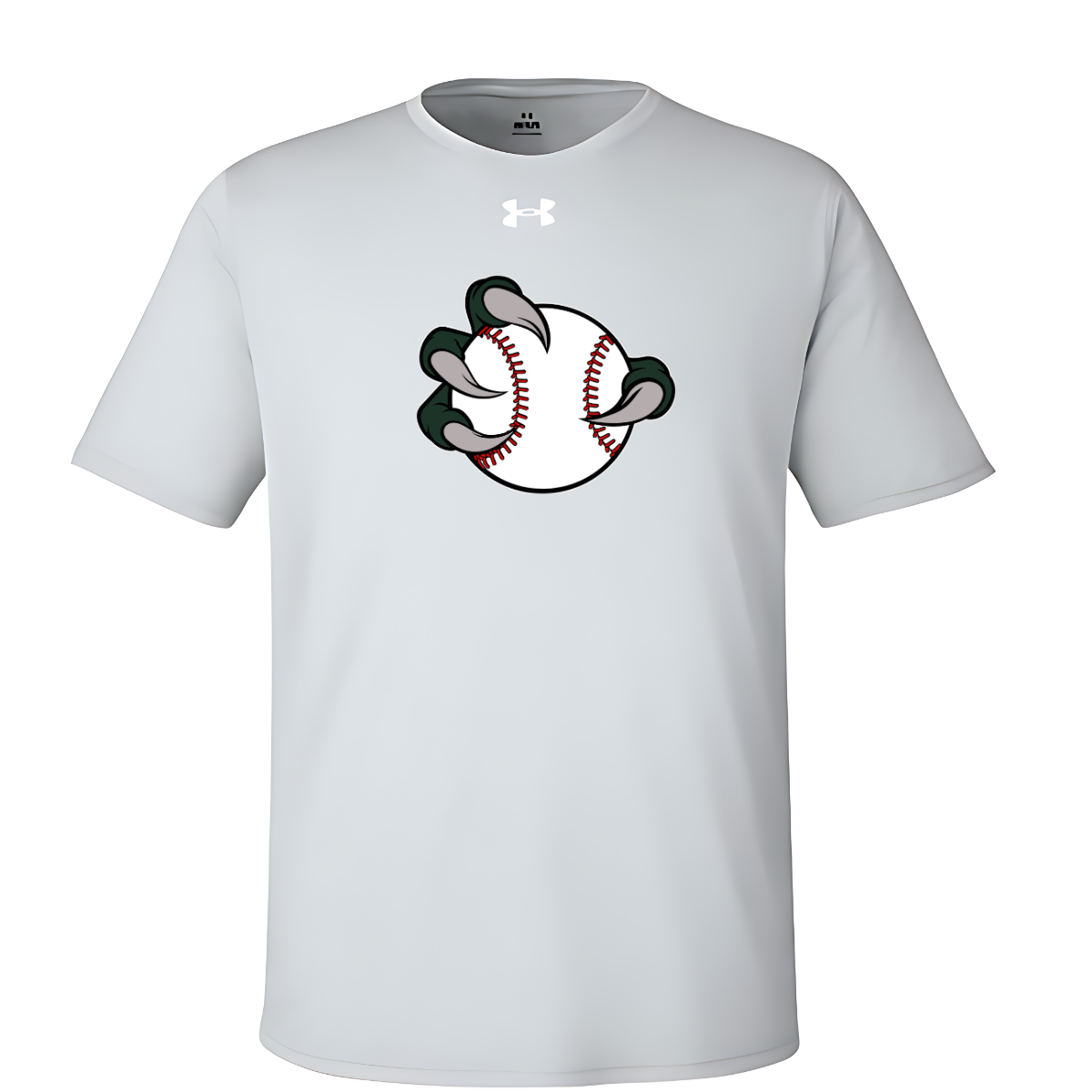Grey t-shirt with a baseball graphic and Under Armour logo on a white background