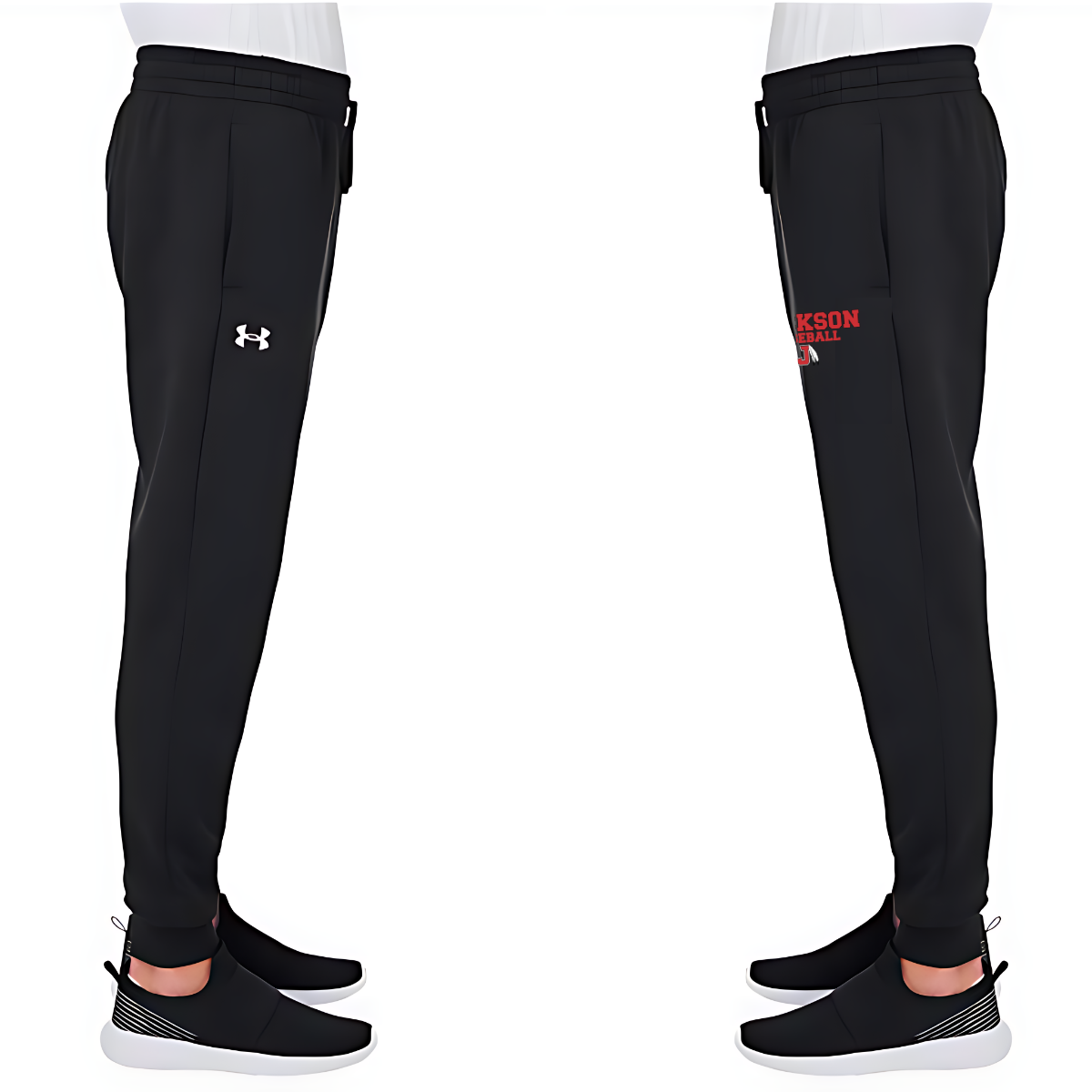 person wearing black Under Armour joggers  with a red Jackson Baseball logo on the left thigh and a white Under Armour logo on the  right thigh on a white background