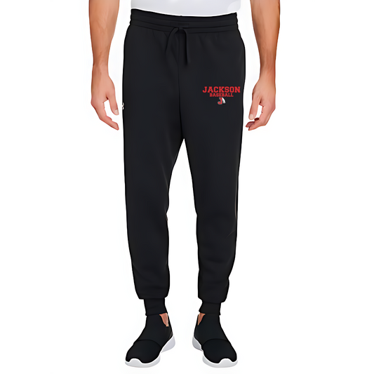 person wearing black Under Armour joggers  with a red Jackson Baseball logo on the left thigh on a white background