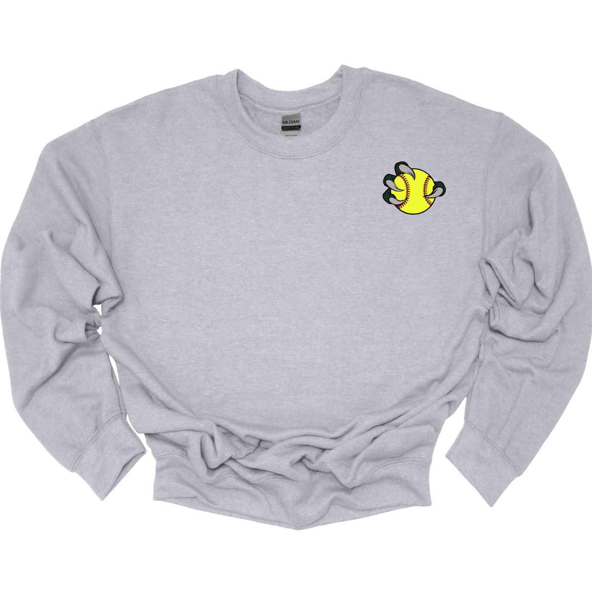 Gray sweatshirt with a small yellow and green Bearded Dragon design on the chest against a white background
