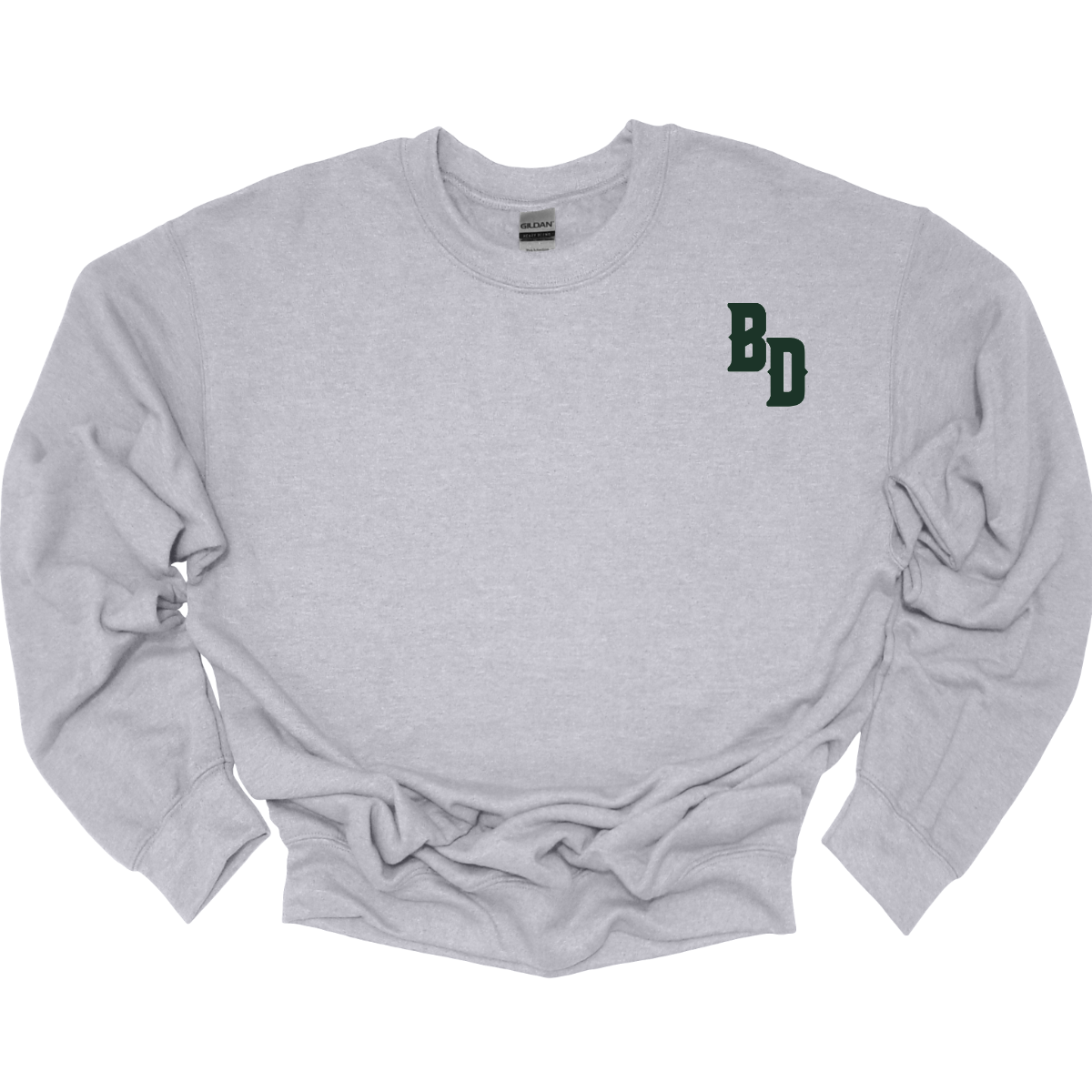 Gray sweatshirt with 'BD' logo on a white background