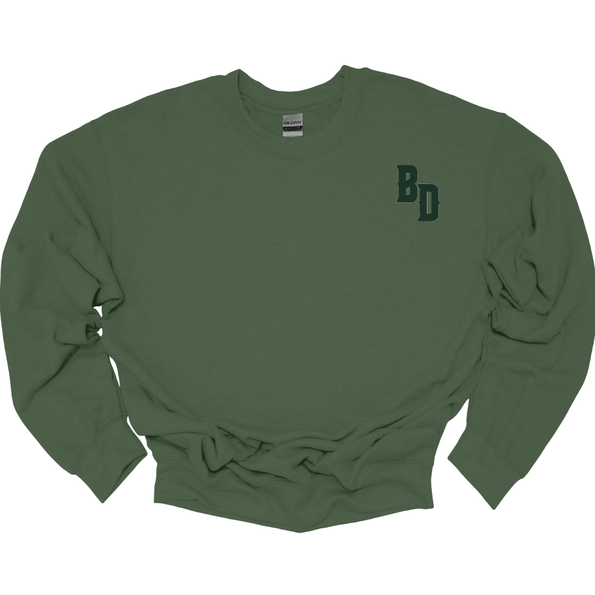 Green sweatshirt with 'BD' logo on a white background