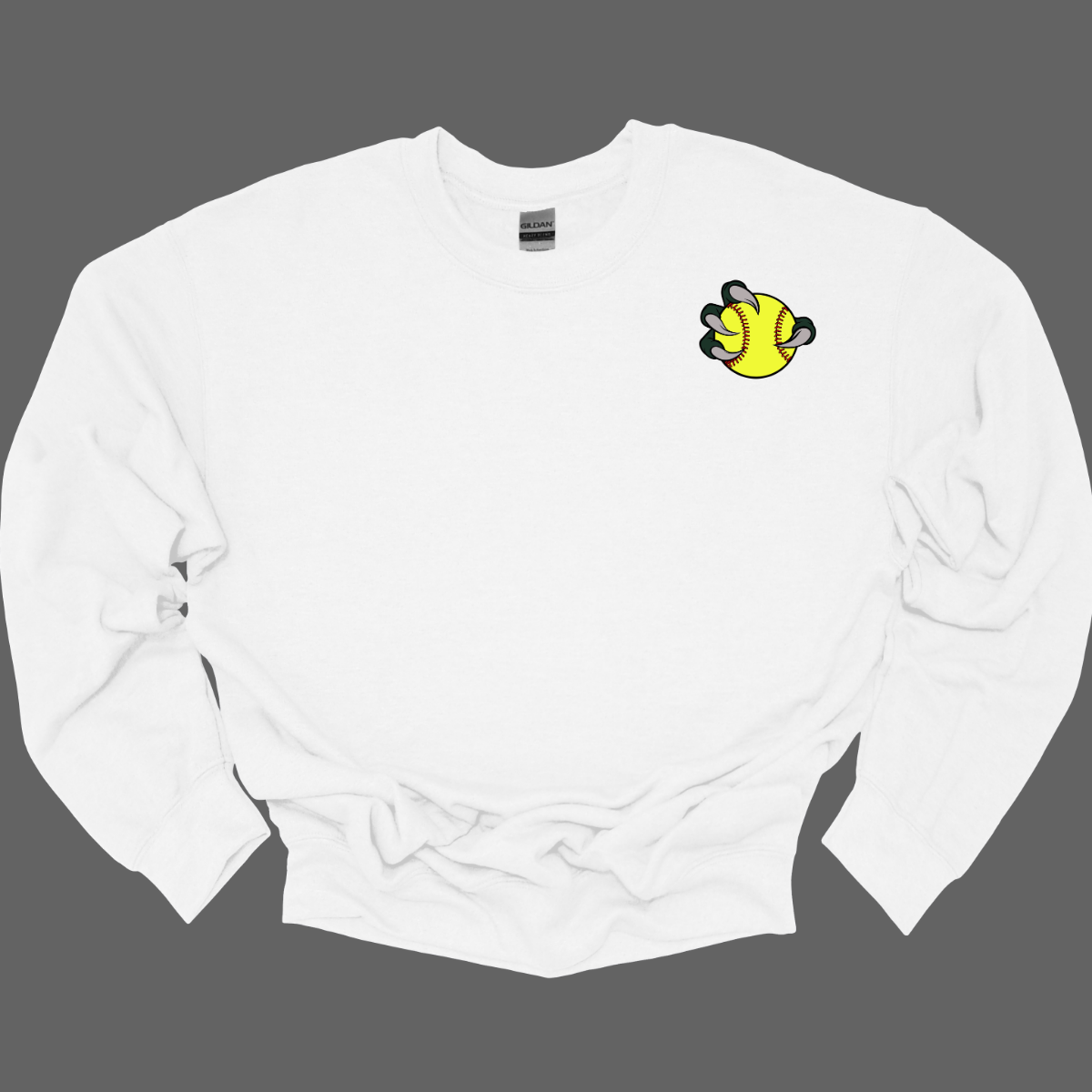 White sweatshirt with a yellow and green Bearded Dragon design on a gray background