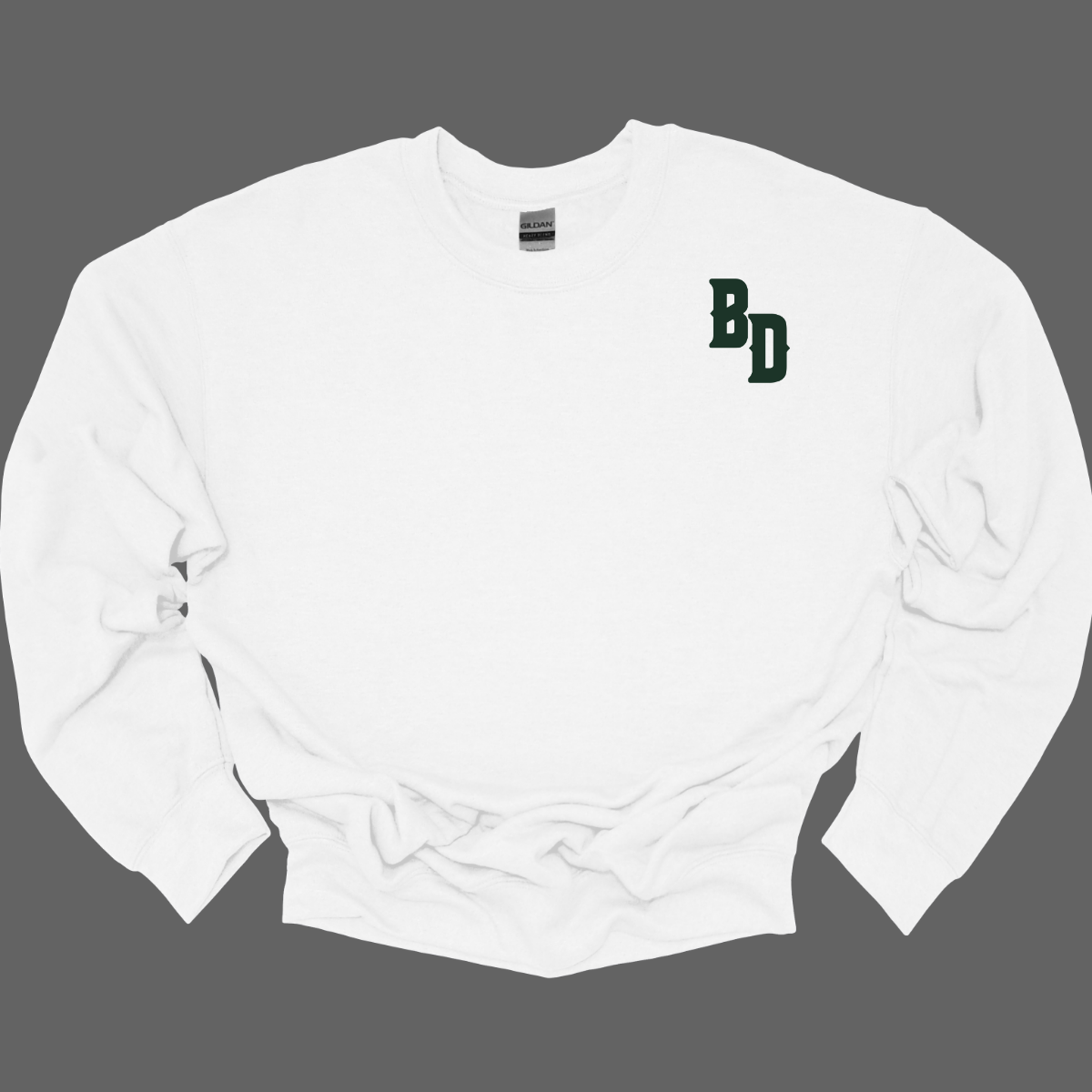 White sweatshirt with 'BD' logo on a gray background