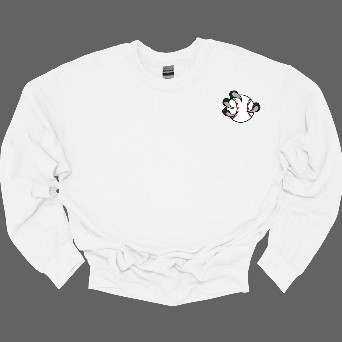 White sweatshirt with a Bearded Dragon graphic design on the chest against a dark background