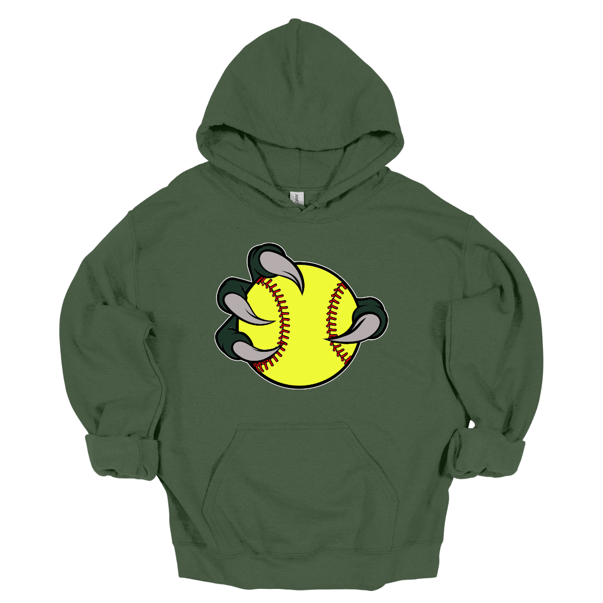 Green hoodie with a yellow Bearded Dragon softball graphic on a white background