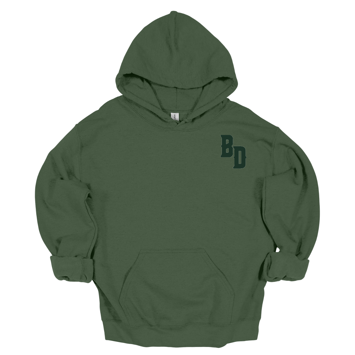 Green hoodie with 'BD' logo on a white background