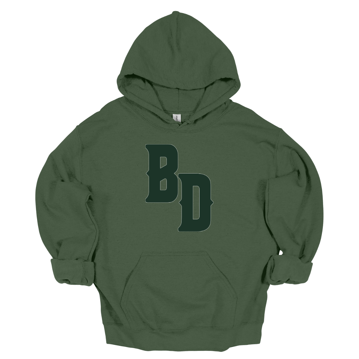 Green hoodie with 'BD' logo on a white background