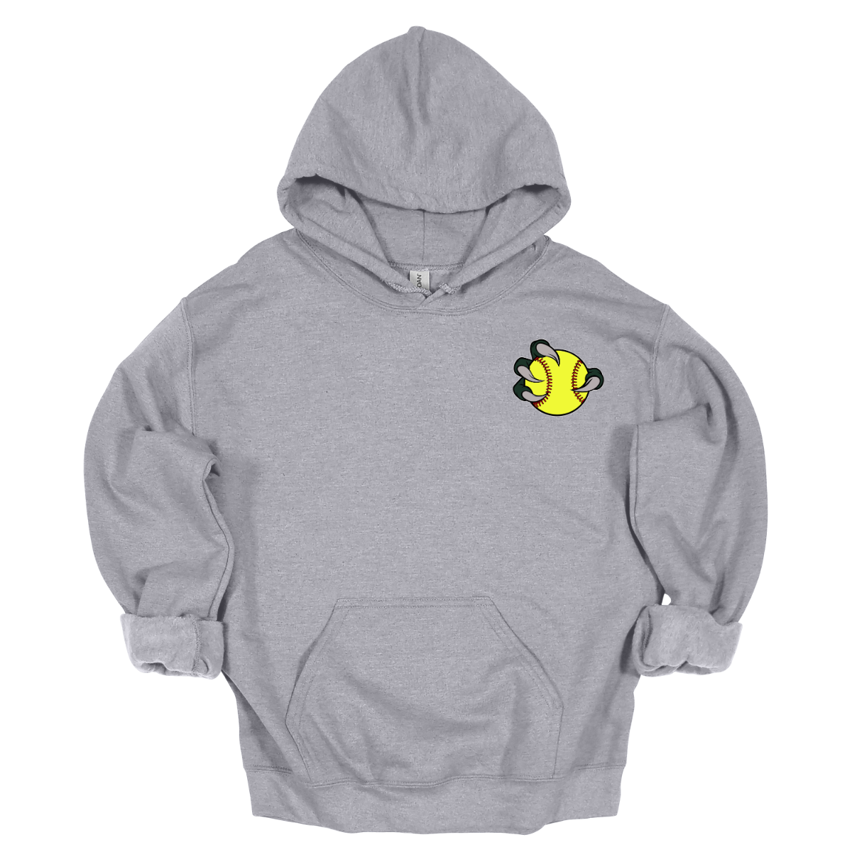 Gray hoodie with a yellow and green Bearded Dragon graphic on the chest against a white background