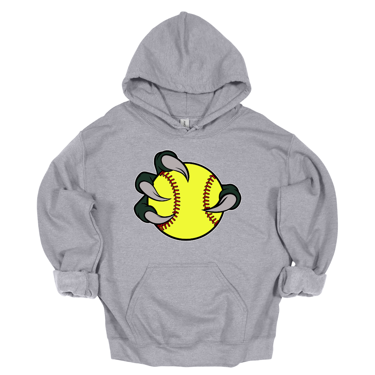Gray hoodie with a yellow Bearded Dragon softball graphic on a white background