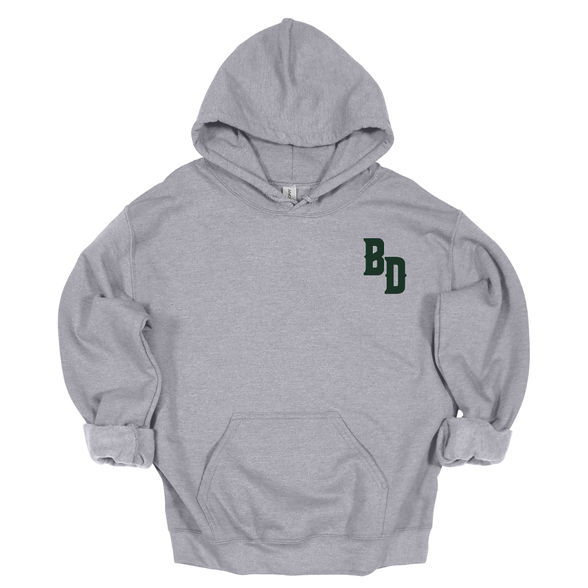 Gray hoodie with a green logo on the chest against a white background