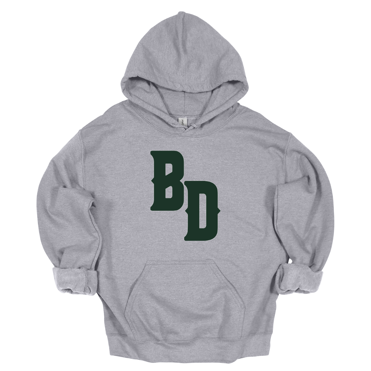 Gray hoodie with green 'BD' logo on a white background