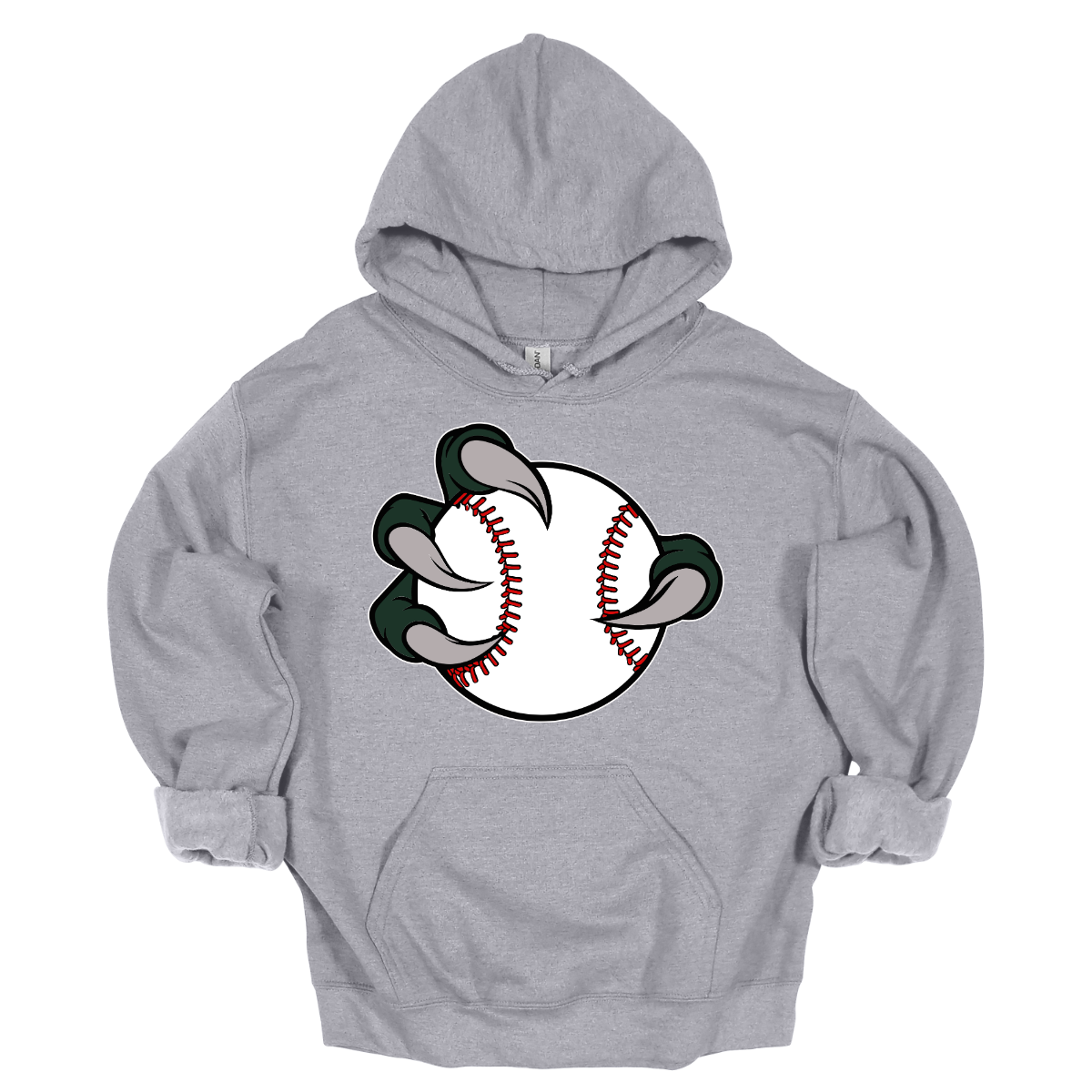 Gray hoodie with a graphic of a Bearded Dragon baseball and green elements on a white background