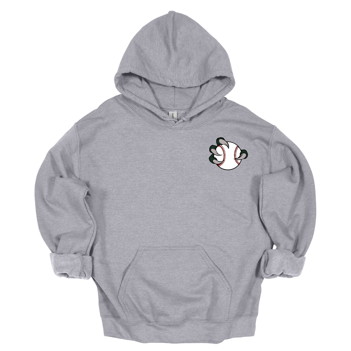 Gray hoodie with a small Bearded Dragon baseball graphic on the chest against a white background