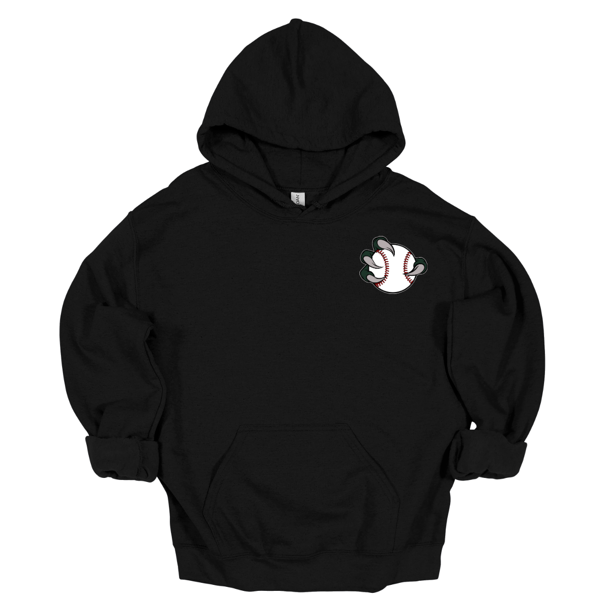 Black hoodie with a Bearded Dragon baseball graphic on the chest against a white background