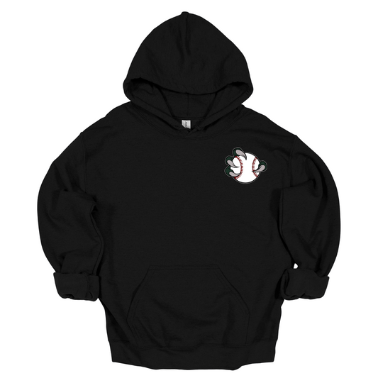 Black hoodie with a Bearded Dragon baseball graphic on the chest against a white background