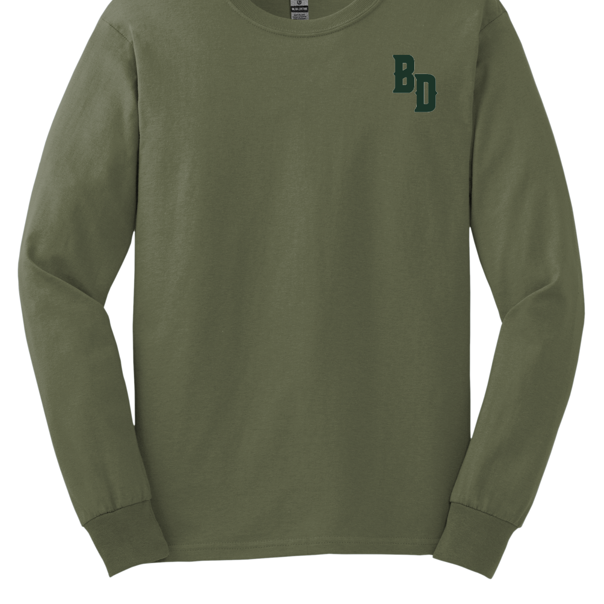 Green long-sleeve shirt with 'BD' logo on a white background