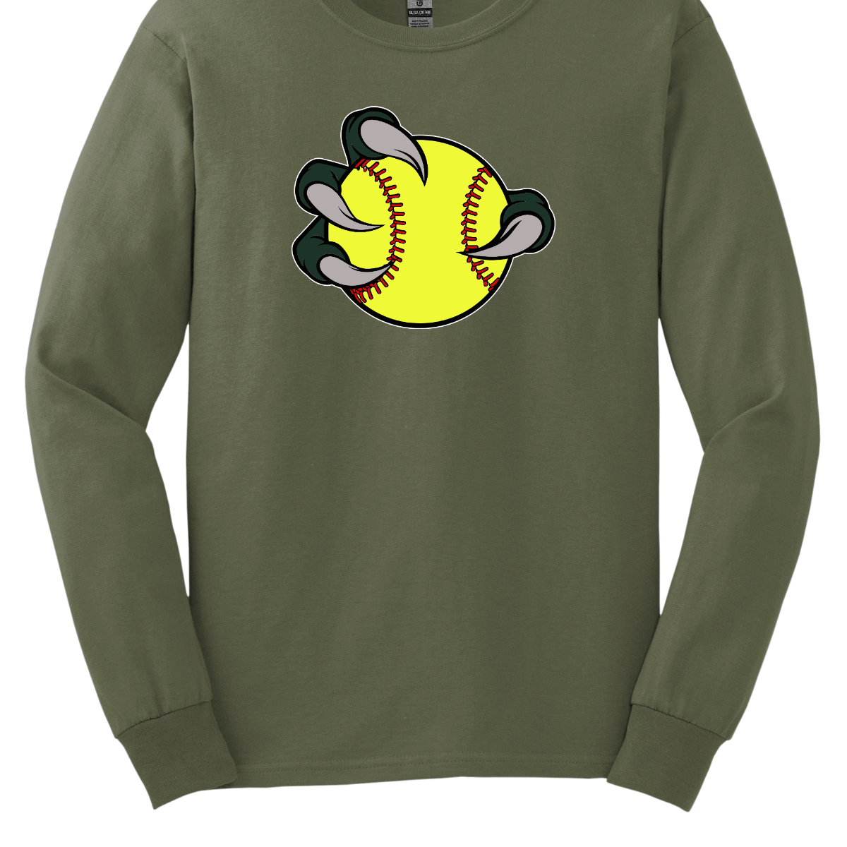 Green long-sleeve shirt with a Bearded Dragon graphic of a yellow softball and gray claws on a white background