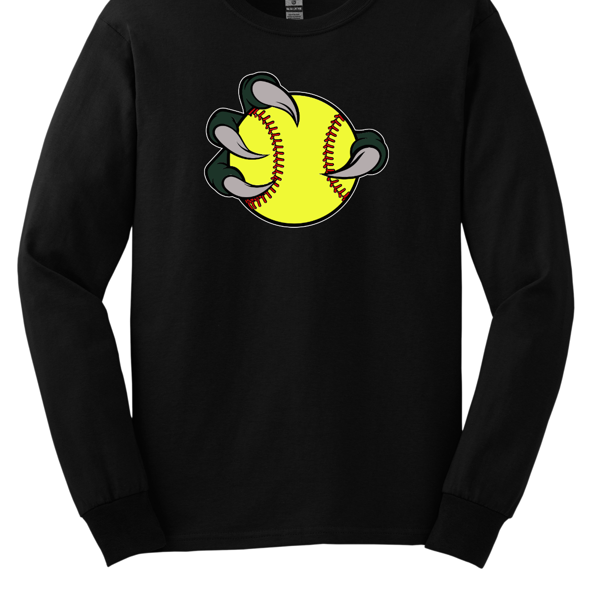 Black sweatshirt with a yellow Bearded Dragon softball graphic on a white background