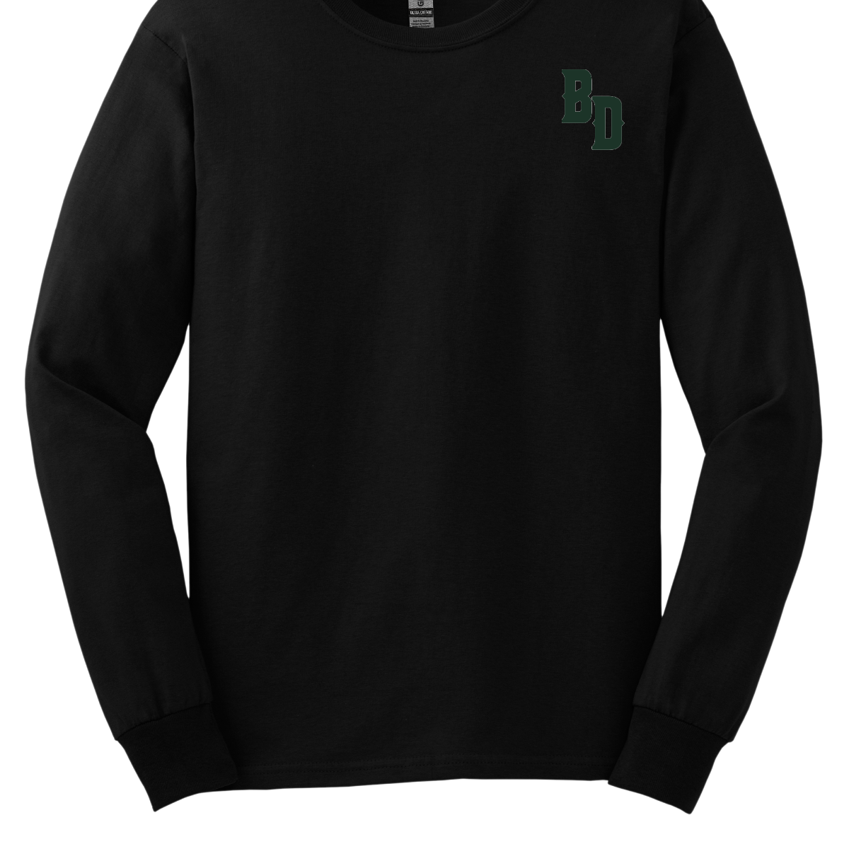 Black long-sleeve shirt with green logo on a white background