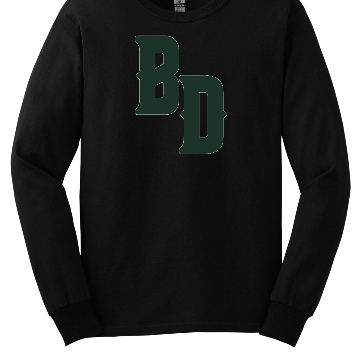 Black sweatshirt with green 'BD' logo on a white background