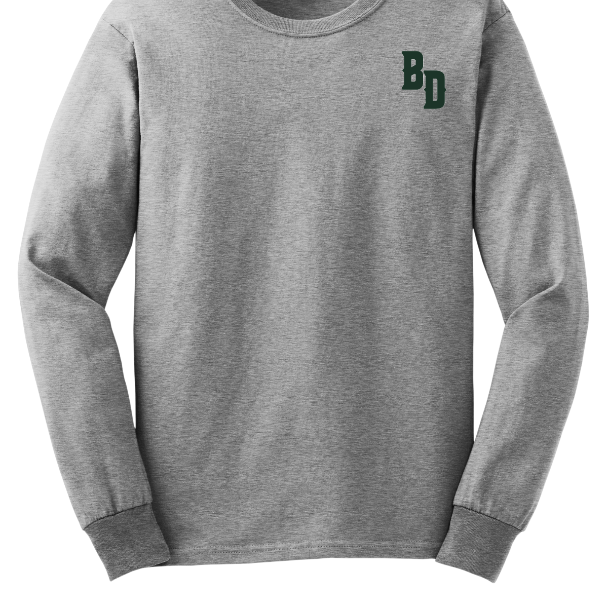 Gray long-sleeve shirt with a small logo on the chest against a white background