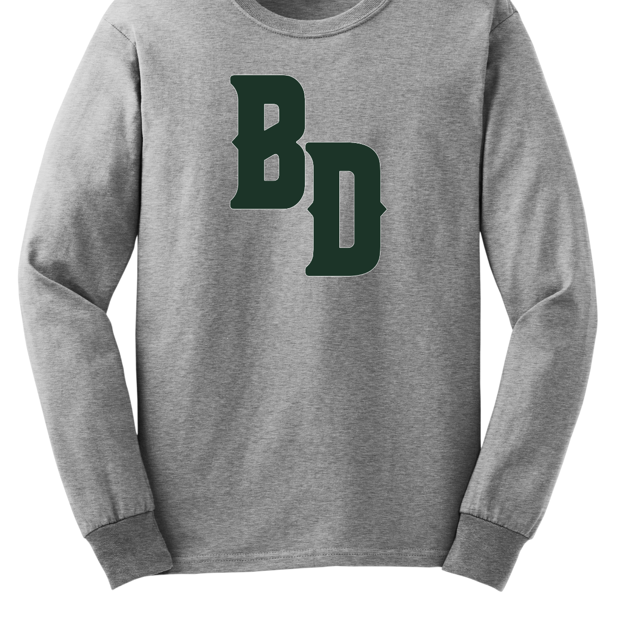 Gray long-sleeve shirt with green 'BD' logo on a white background