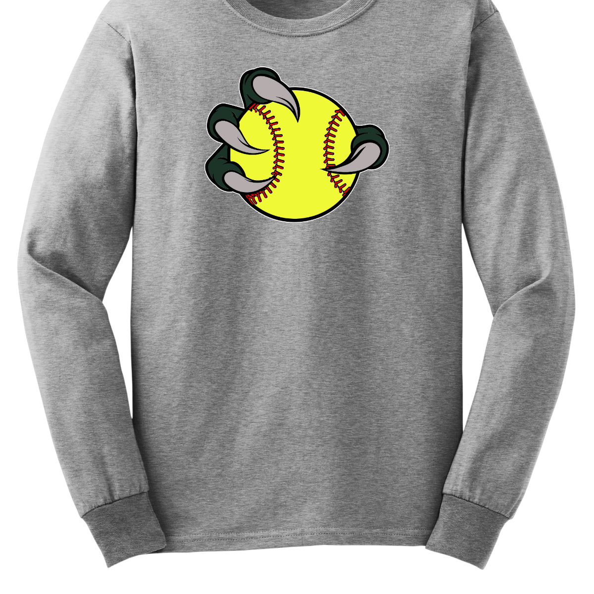 Gray long-sleeve shirt with a yellow Bearded Dragon softball graphic on a white background