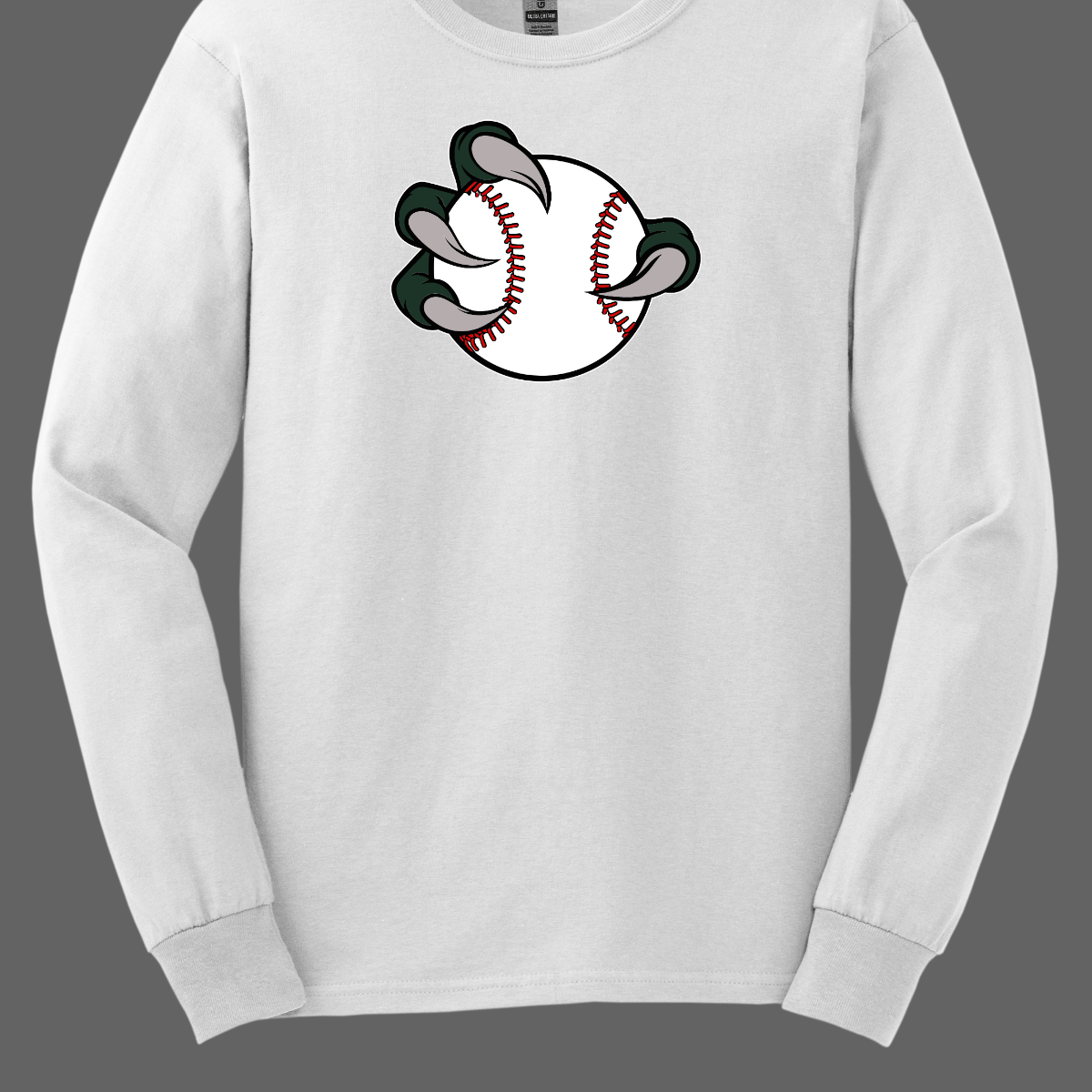 White long-sleeve shirt with a Bearded Dragon baseball graphic on a gray background