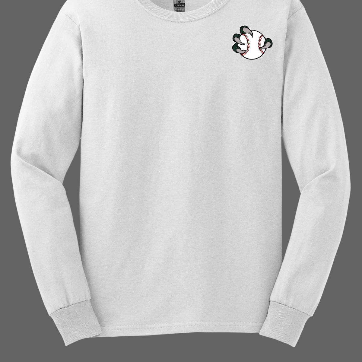 White long-sleeve shirt with a small Bearded Dragon logo on the chest against a gray background