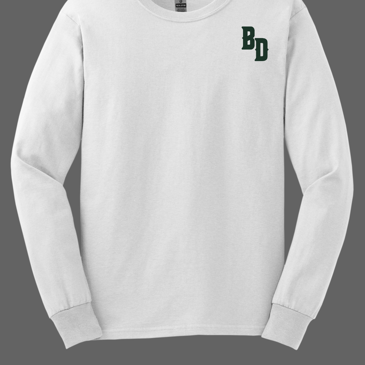 White long-sleeve shirt with 'BD' logo on a gray background