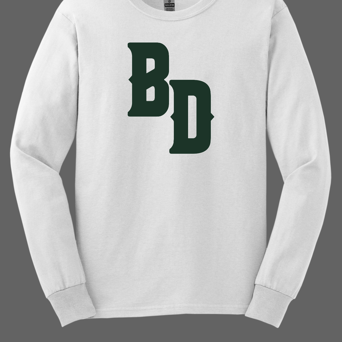 White long-sleeve shirt with 'BD' logo on a gray background