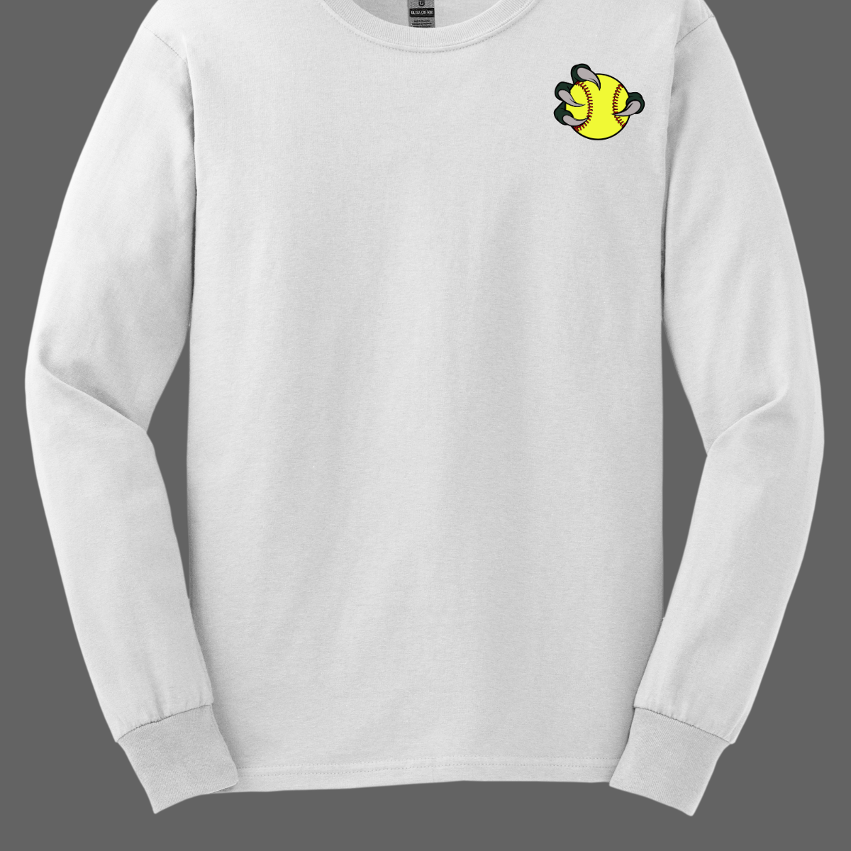 White long-sleeve shirt with a Bearded Dragon yellow and green character design on a gray background