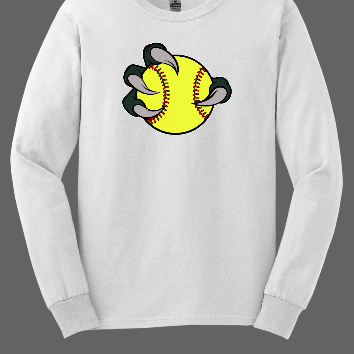 White long-sleeve shirt with a graphic of a Bearded Dragon yellow softball and green handprints on a gray background