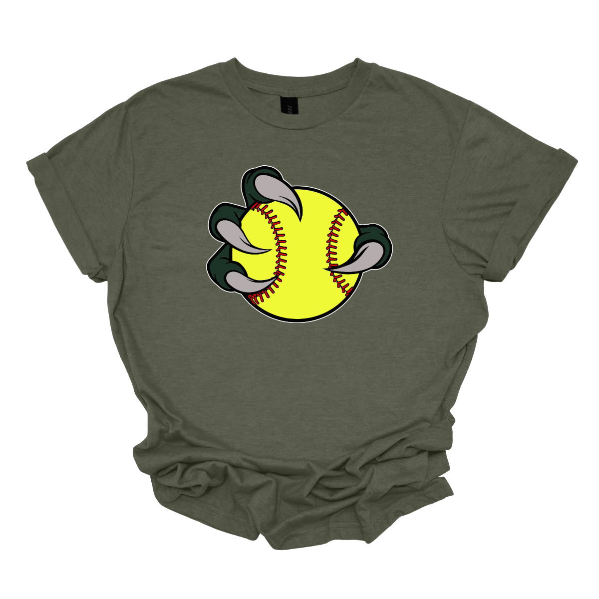 Green t-shirt with a graphic of a yellow softball and gray cleats on a white background