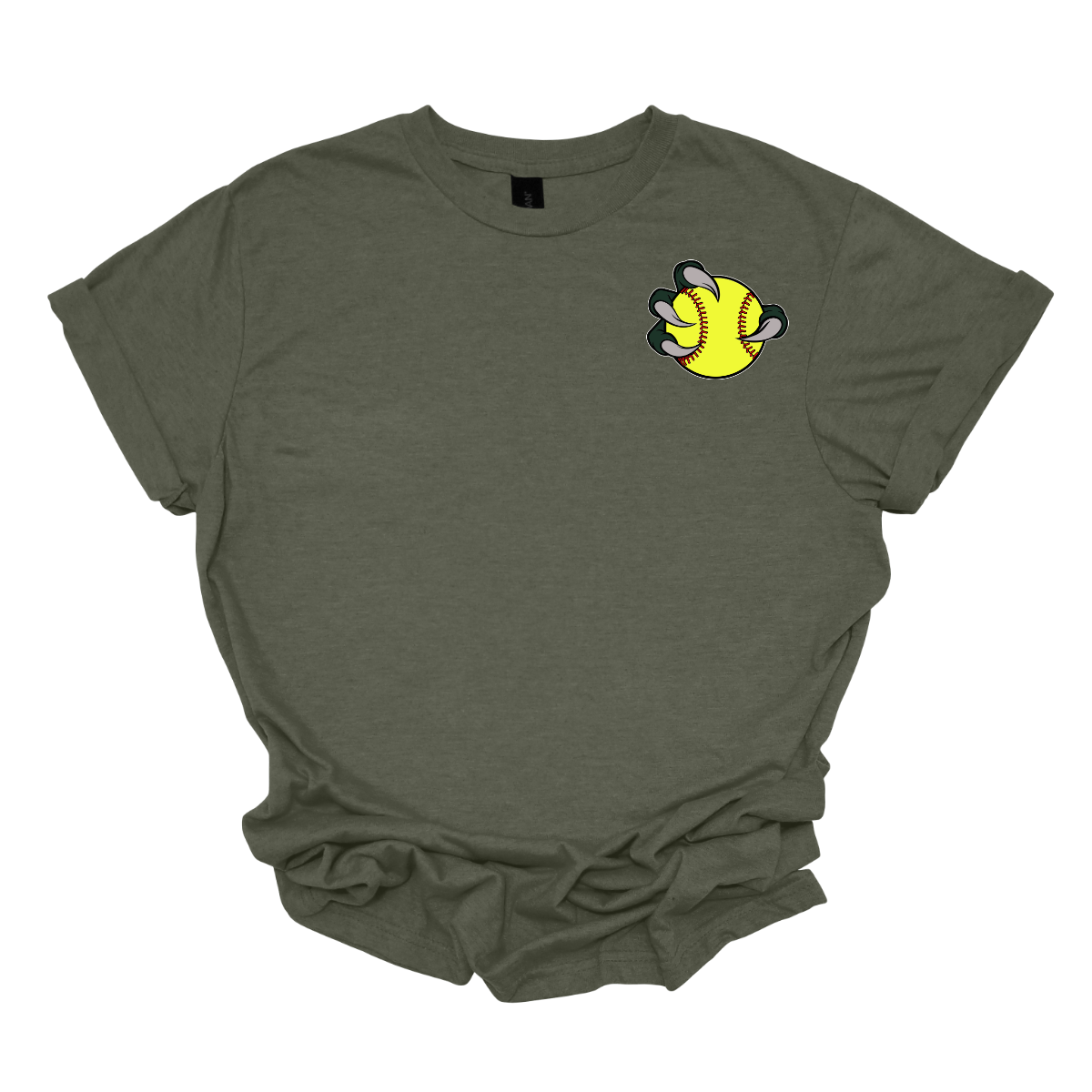 Green t-shirt with a Bearded Dragon graphic of a claw holding a yellow ball on a white background