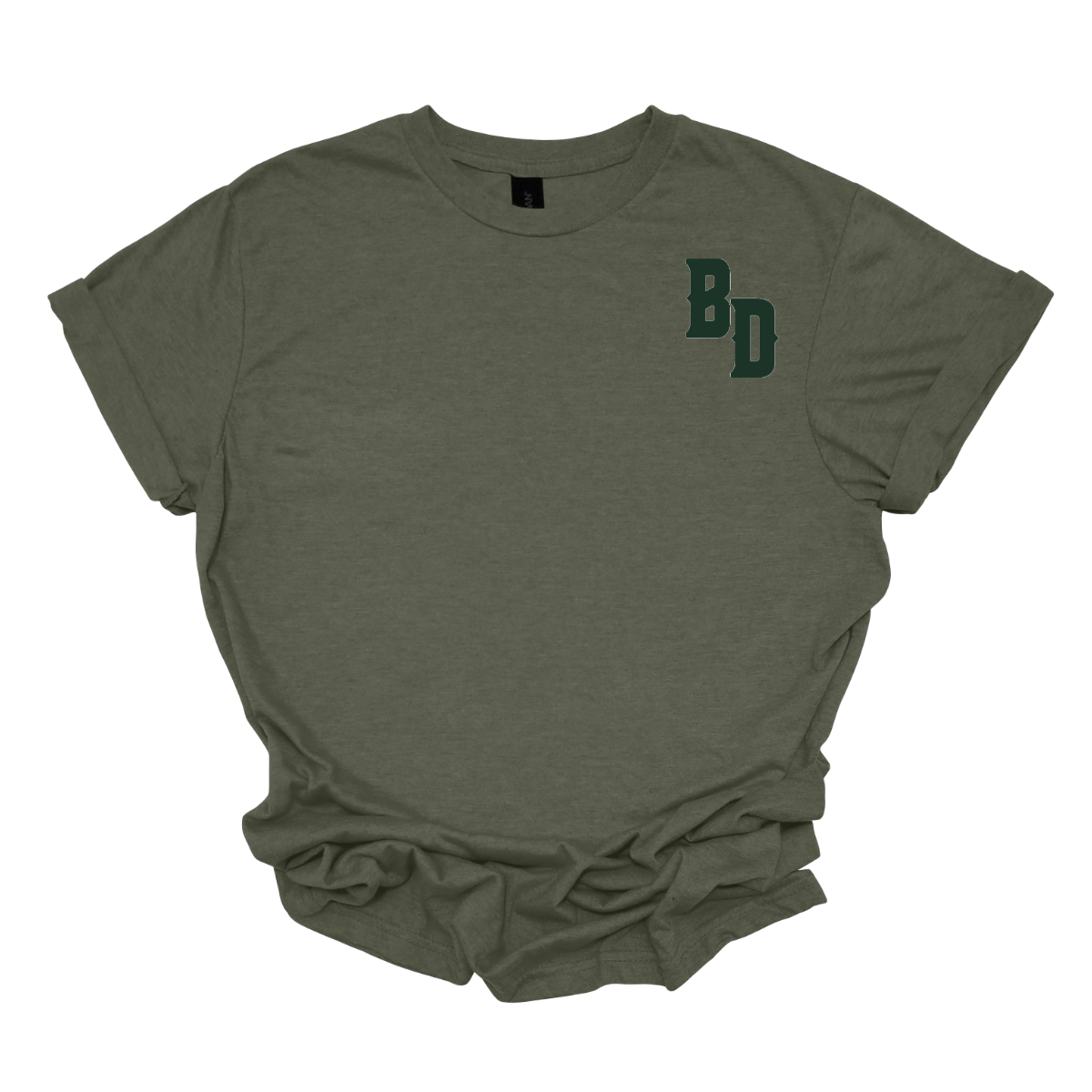 Green t-shirt with 'BD' logo on a white background