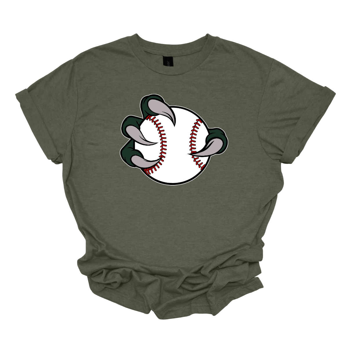 Green t-shirt with a graphic of a Bearded Dragon  baseball and cleats on a white background