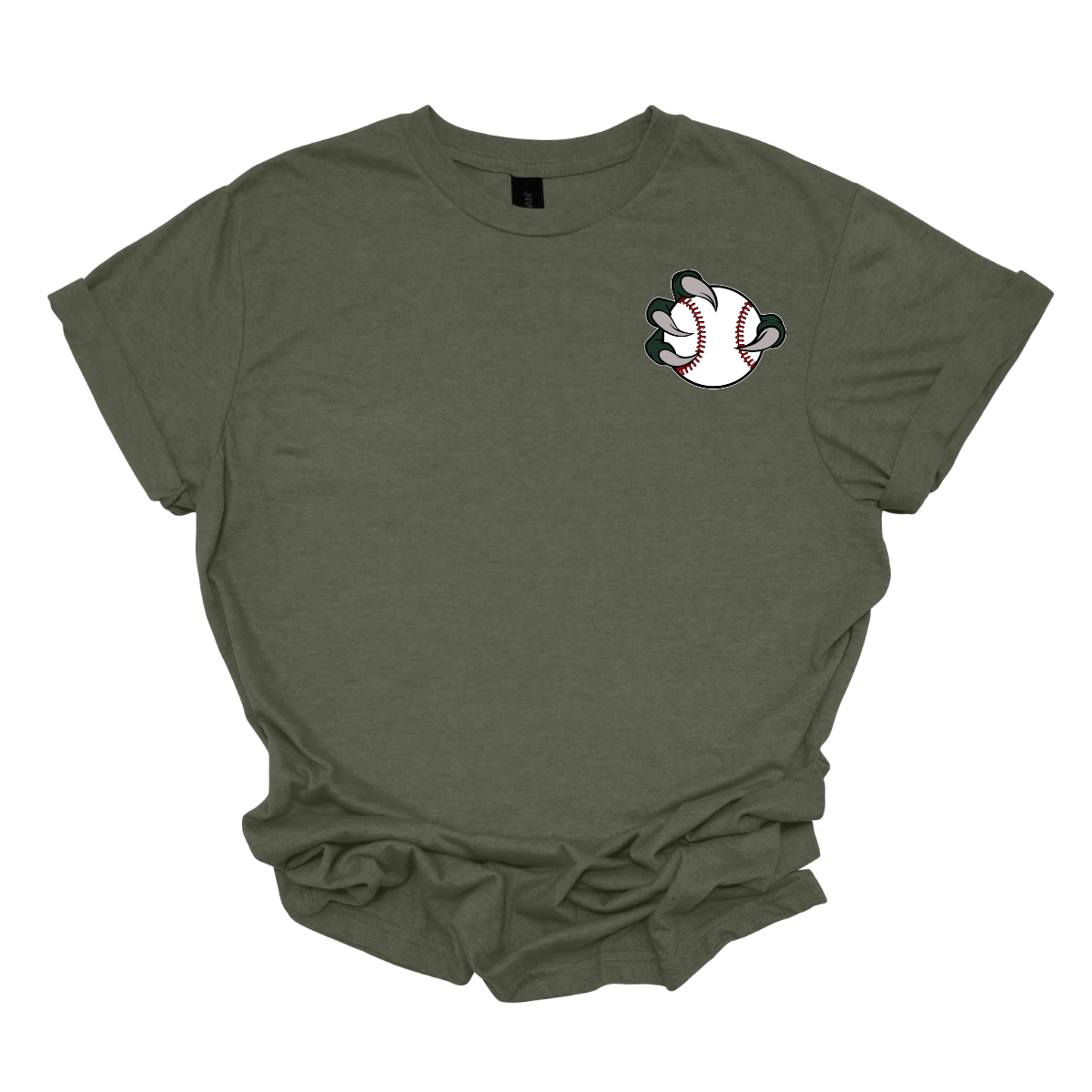 Green t-shirt with a Bearded Dragon  baseball graphic on a white background