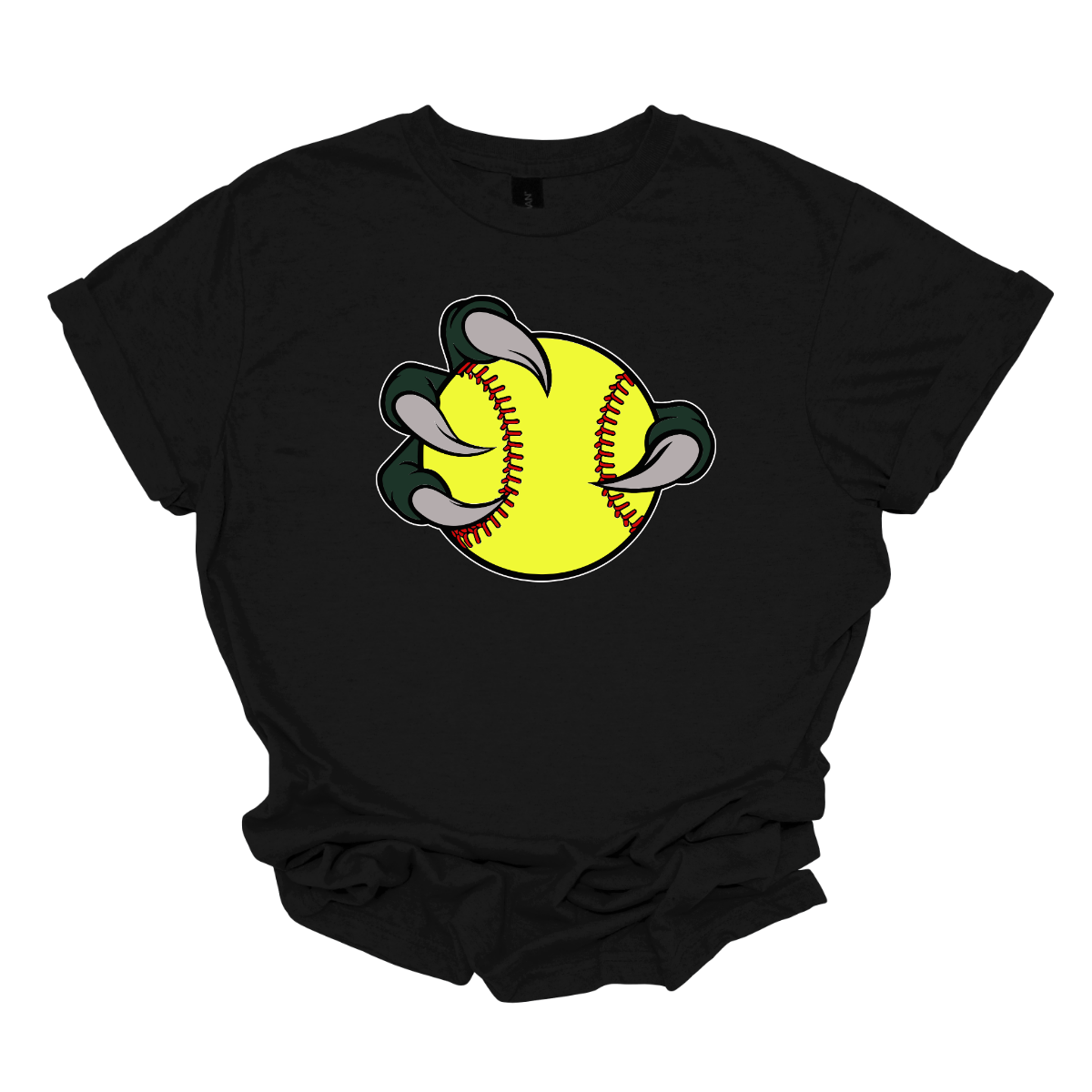 Black t-shirt with a yellow Bearded Dragon softball graphic on a white background